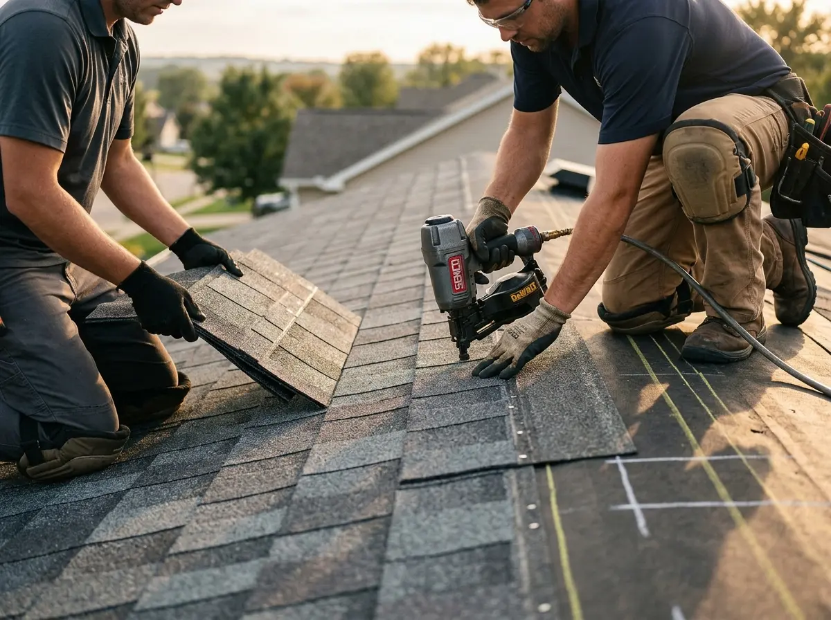 Professional roofer working on a residential roof in Oshtemo
